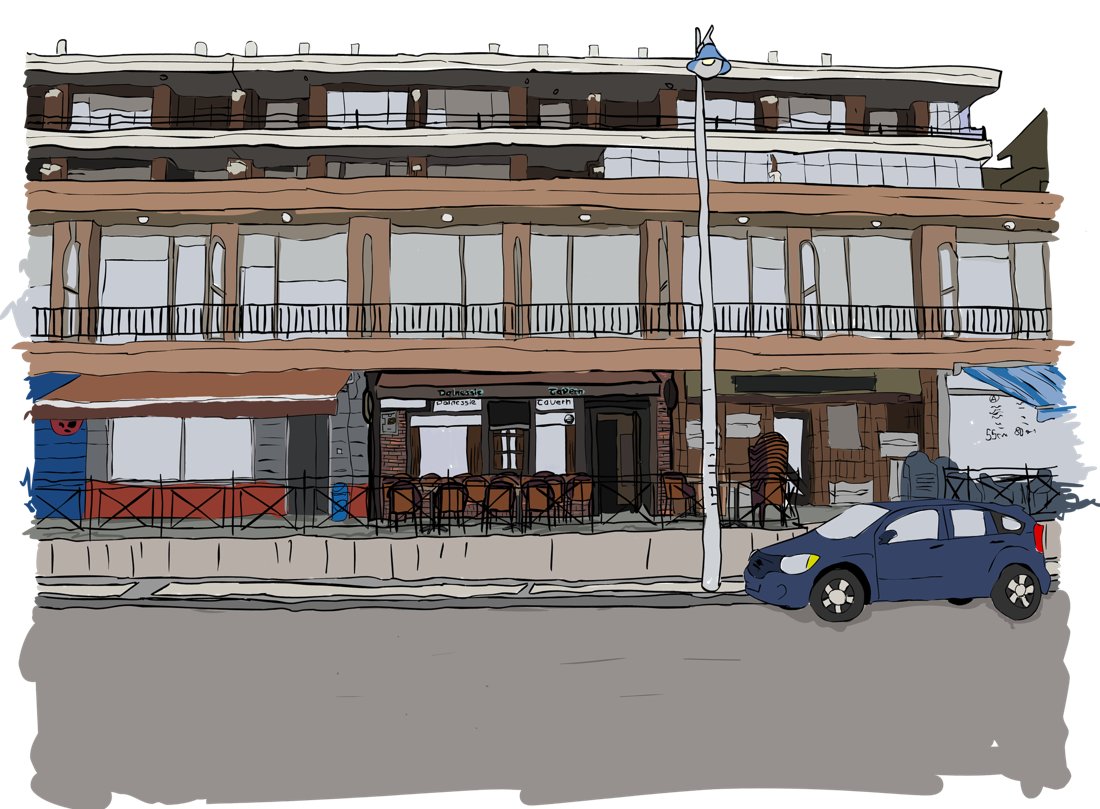 Ilustración original de Dalnessie Tavern en el paseo marítimo de Suances